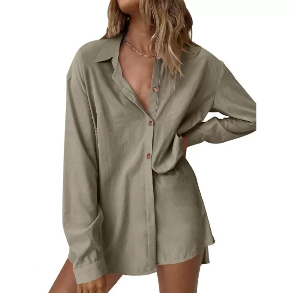 imageANRABESS 2 Piece Outfits for Women Lounge Pajama Sets Casual Long Sleeve Button Down Oversized Shirts Matching ShortsArmy Green