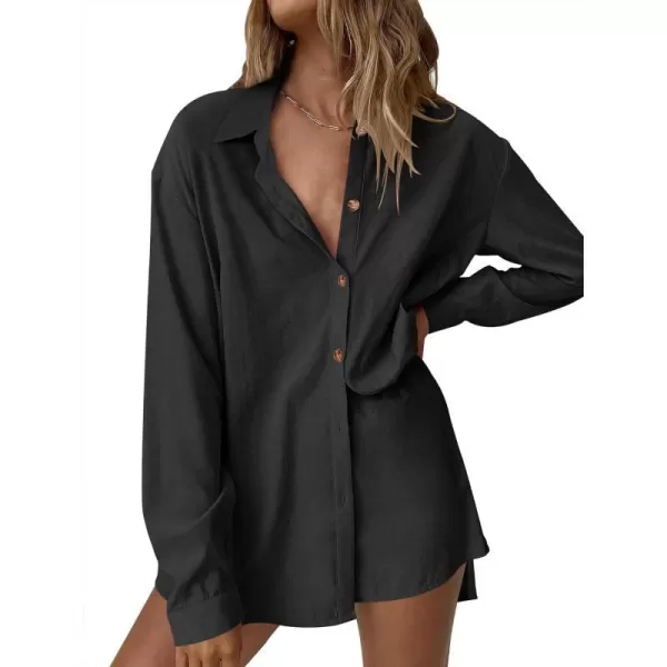 imageANRABESS 2 Piece Outfits for Women Lounge Pajama Sets Casual Long Sleeve Button Down Oversized Shirts Matching ShortsBlack