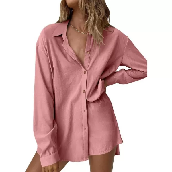 imageANRABESS 2 Piece Outfits for Women Lounge Pajama Sets Casual Long Sleeve Button Down Oversized Shirts Matching ShortsDark Pink