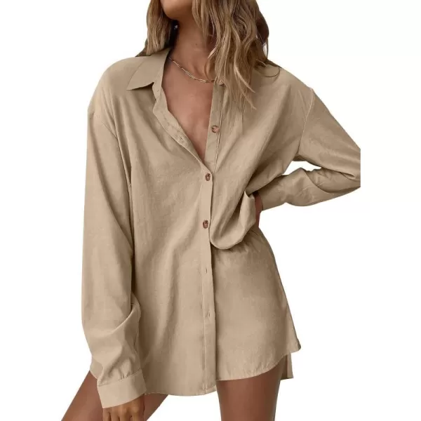 imageANRABESS 2 Piece Outfits for Women Lounge Pajama Sets Casual Long Sleeve Button Down Oversized Shirts Matching ShortsDeep Khaki