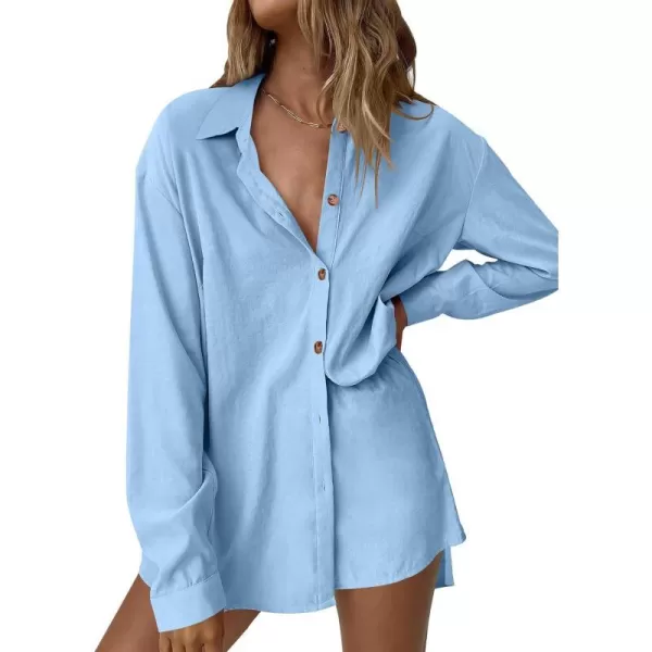 imageANRABESS 2 Piece Outfits for Women Lounge Pajama Sets Casual Long Sleeve Button Down Oversized Shirts Matching ShortsSky
