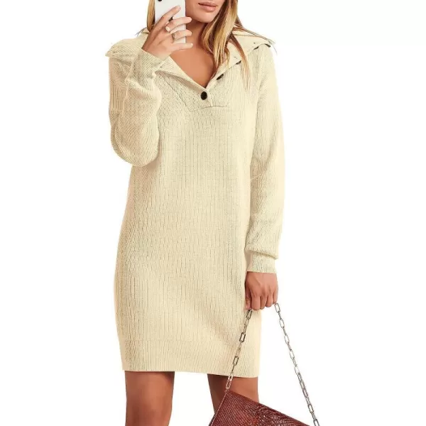 imageANRABESS 2022 Fall Winter Womens Long Sleeve Collared V Neck Sweater Dress Button Lapel Casual Mini Pullover DressesApricot