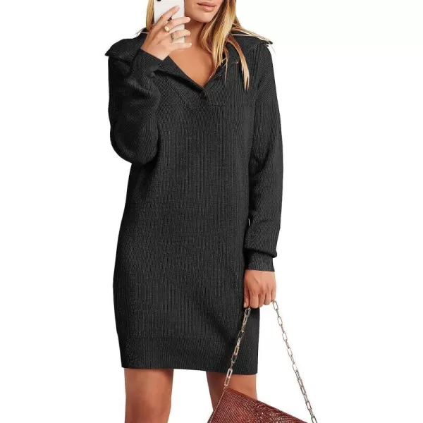 imageANRABESS 2022 Fall Winter Womens Long Sleeve Collared V Neck Sweater Dress Button Lapel Casual Mini Pullover DressesBlack