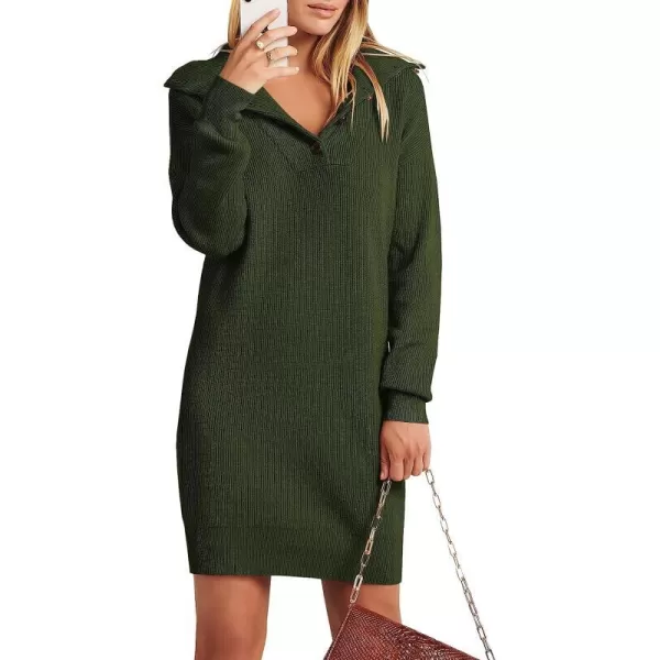imageANRABESS 2022 Fall Winter Womens Long Sleeve Collared V Neck Sweater Dress Button Lapel Casual Mini Pullover DressesDeep Green