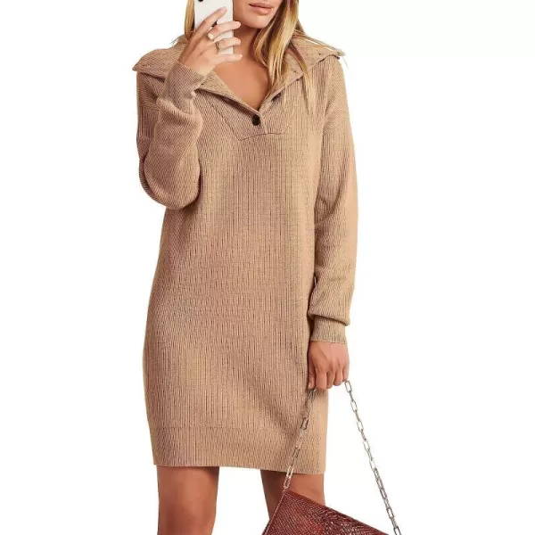 imageANRABESS 2022 Fall Winter Womens Long Sleeve Collared V Neck Sweater Dress Button Lapel Casual Mini Pullover DressesKhaki