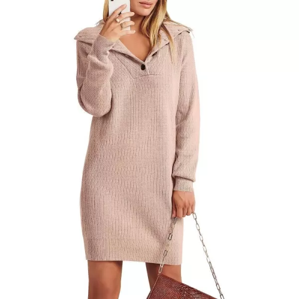 imageANRABESS 2022 Fall Winter Womens Long Sleeve Collared V Neck Sweater Dress Button Lapel Casual Mini Pullover DressesPink