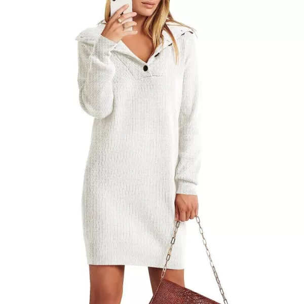 imageANRABESS 2022 Fall Winter Womens Long Sleeve Collared V Neck Sweater Dress Button Lapel Casual Mini Pullover DressesWhite