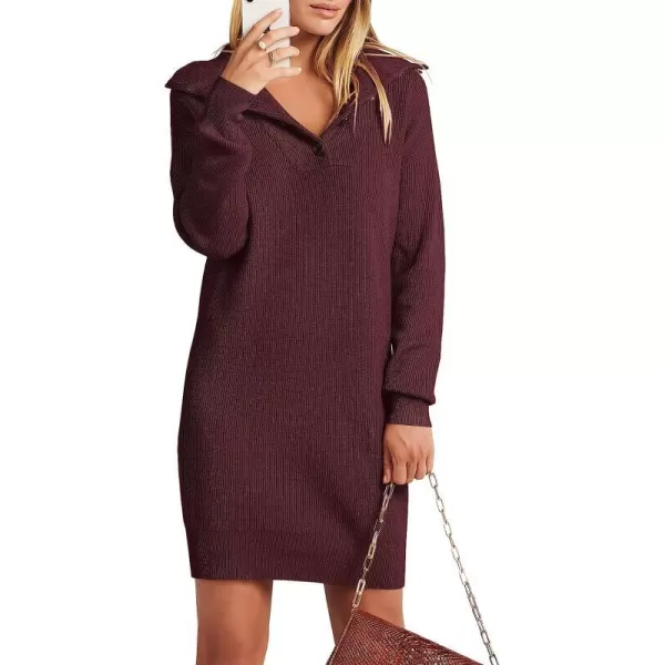 imageANRABESS 2022 Fall Winter Womens Long Sleeve Collared V Neck Sweater Dress Button Lapel Casual Mini Pullover DressesWine Red