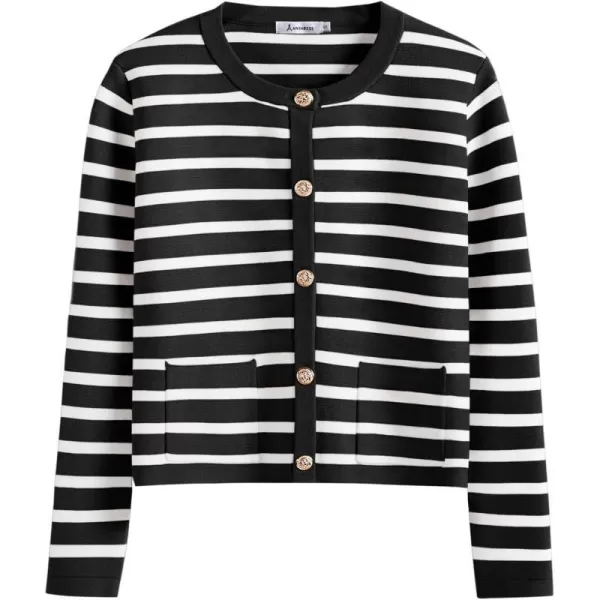 imageANRABESS Cardigan Sweaters for Women 2023 Fall Long Sleeve Cropped Striped Knitted Jackets with PocketsBlack White Stripe