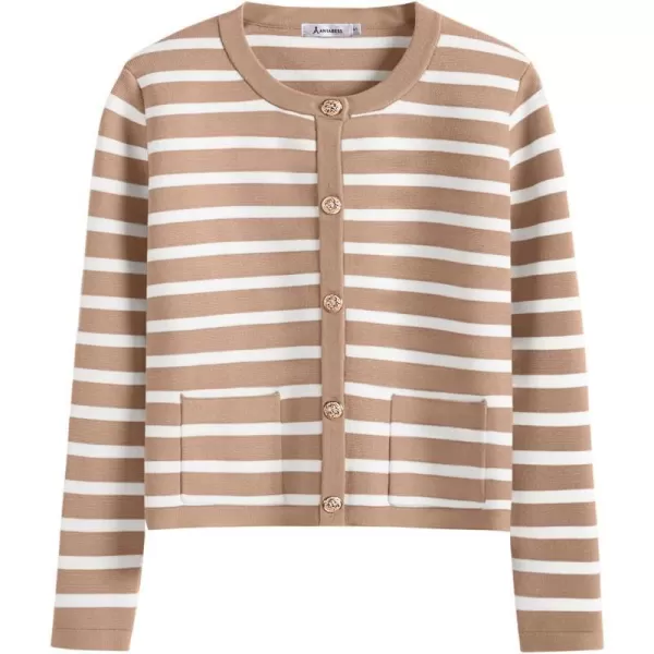 imageANRABESS Cardigan Sweaters for Women 2023 Fall Long Sleeve Cropped Striped Knitted Jackets with PocketsKhaki White Stripe