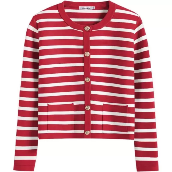 imageANRABESS Cardigan Sweaters for Women 2023 Fall Long Sleeve Cropped Striped Knitted Jackets with PocketsRed White Stripe