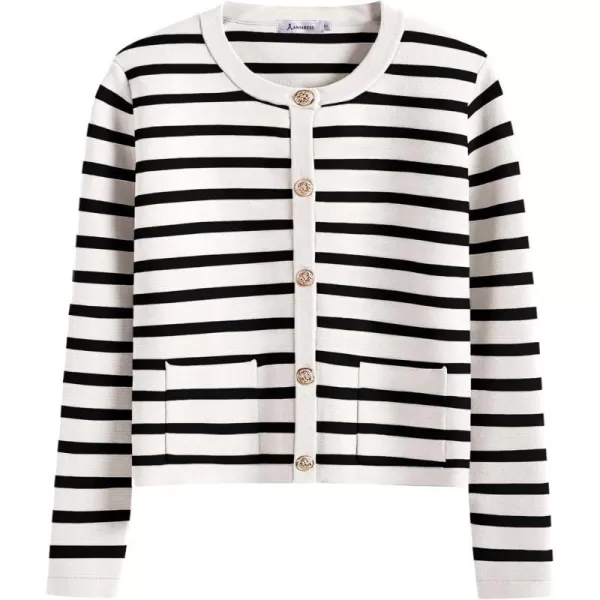 imageANRABESS Cardigan Sweaters for Women 2023 Fall Long Sleeve Cropped Striped Knitted Jackets with PocketsWhite Black Stripe