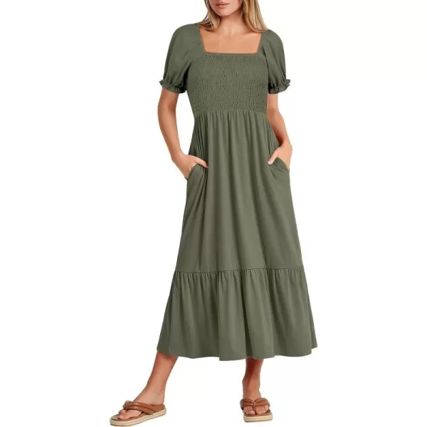 imageANRABESS Dresses for Women Summer Short Puff Sleeve Square Neck Midi Dress Flowy Tiered Beach Aline SundressArmy Green