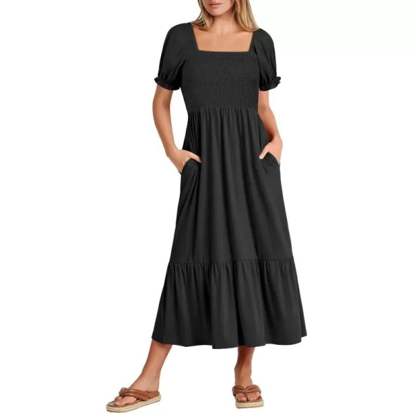 imageANRABESS Dresses for Women Summer Short Puff Sleeve Square Neck Midi Dress Flowy Tiered Beach Aline SundressBlack