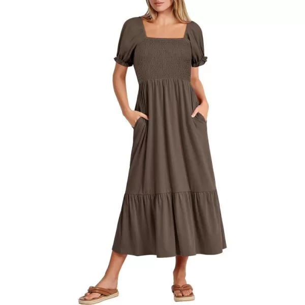 imageANRABESS Dresses for Women Summer Short Puff Sleeve Square Neck Midi Dress Flowy Tiered Beach Aline SundressCoffee