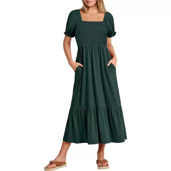 imageANRABESS Dresses for Women Summer Short Puff Sleeve Square Neck Midi Dress Flowy Tiered Beach Aline SundressDeep Green