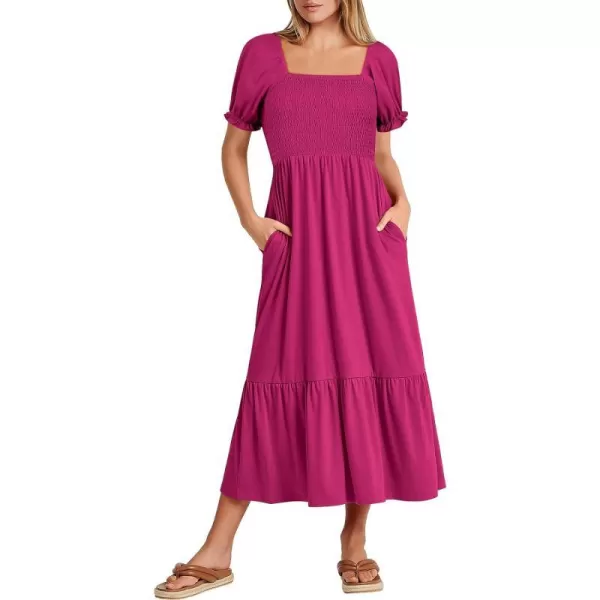 imageANRABESS Dresses for Women Summer Short Puff Sleeve Square Neck Midi Dress Flowy Tiered Beach Aline SundressHot Pink