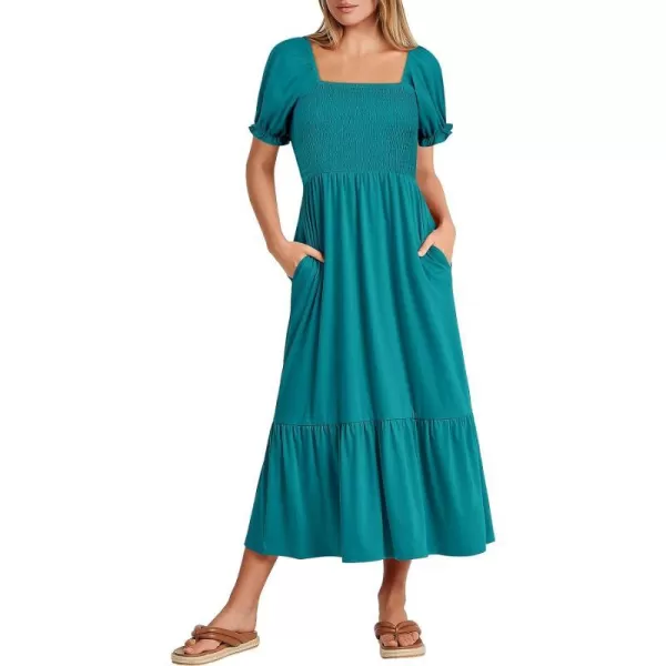 imageANRABESS Dresses for Women Summer Short Puff Sleeve Square Neck Midi Dress Flowy Tiered Beach Aline SundressLake Green