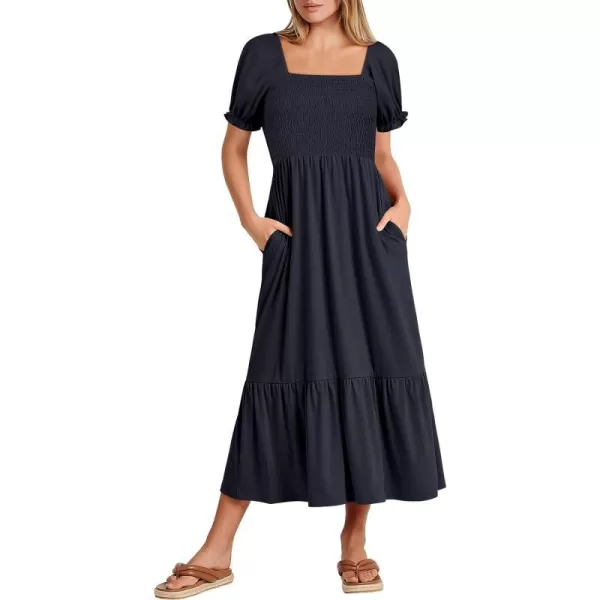 imageANRABESS Dresses for Women Summer Short Puff Sleeve Square Neck Midi Dress Flowy Tiered Beach Aline SundressNavy Blue