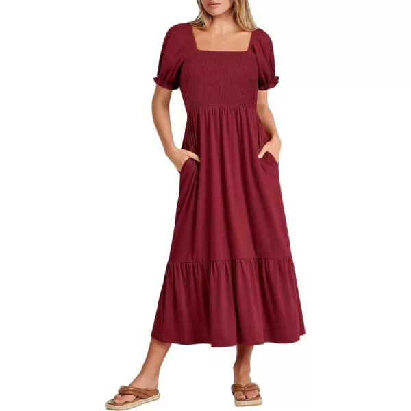 imageANRABESS Dresses for Women Summer Short Puff Sleeve Square Neck Midi Dress Flowy Tiered Beach Aline SundressWine Red