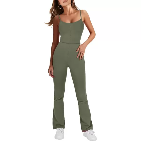 imageANRABESS Flare Jumpsuits for Women One Piece Sleeveless Square Neck Full Body Bodycon Yoga Workout Casual Unitard RompersArmy Green