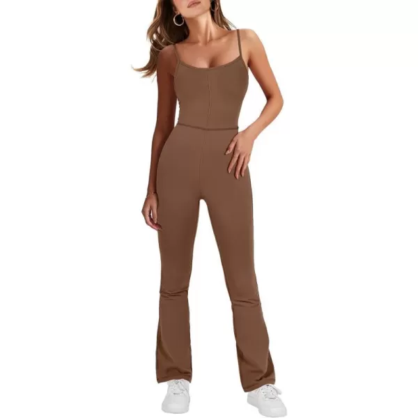 imageANRABESS Flare Jumpsuits for Women One Piece Sleeveless Square Neck Full Body Bodycon Yoga Workout Casual Unitard RompersBrown