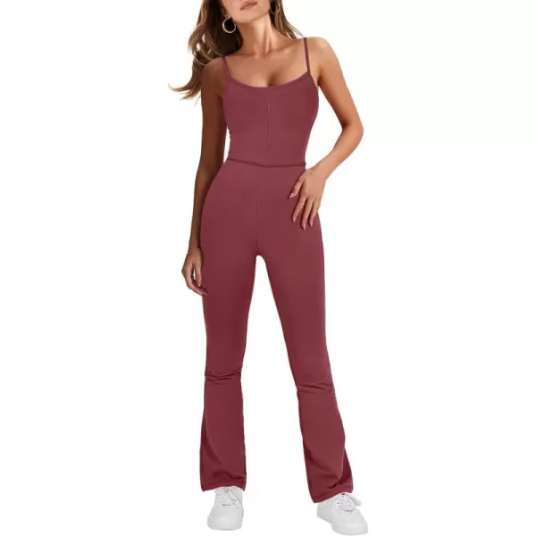 imageANRABESS Flare Jumpsuits for Women One Piece Sleeveless Square Neck Full Body Bodycon Yoga Workout Casual Unitard RompersBurgundy
