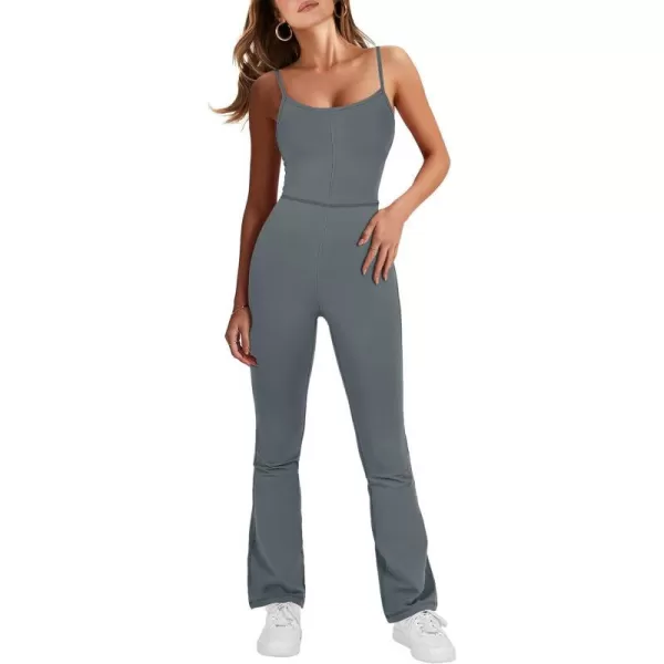 imageANRABESS Flare Jumpsuits for Women One Piece Sleeveless Square Neck Full Body Bodycon Yoga Workout Casual Unitard RompersGrey