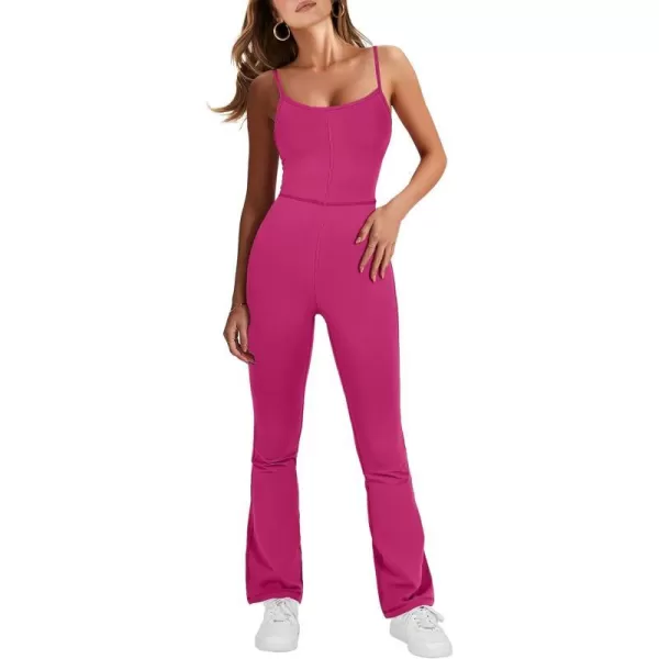 imageANRABESS Flare Jumpsuits for Women One Piece Sleeveless Square Neck Full Body Bodycon Yoga Workout Casual Unitard RompersHot Pink