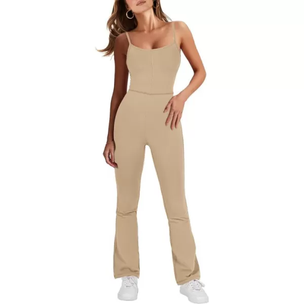 imageANRABESS Flare Jumpsuits for Women One Piece Sleeveless Square Neck Full Body Bodycon Yoga Workout Casual Unitard RompersKhaki