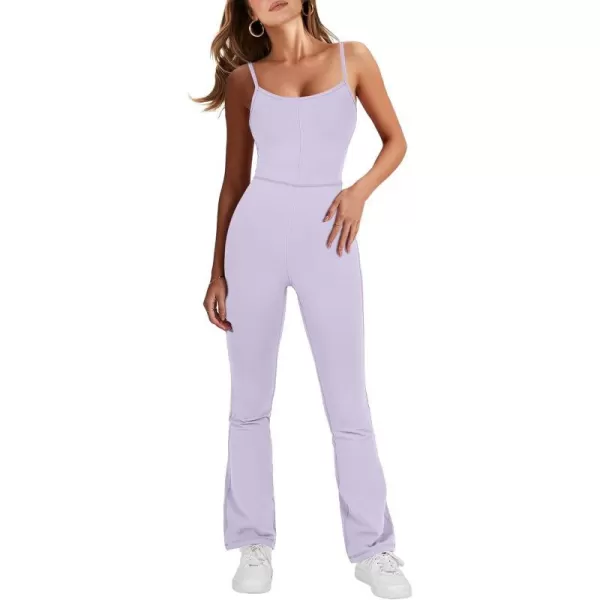 imageANRABESS Flare Jumpsuits for Women One Piece Sleeveless Square Neck Full Body Bodycon Yoga Workout Casual Unitard RompersLight Purple