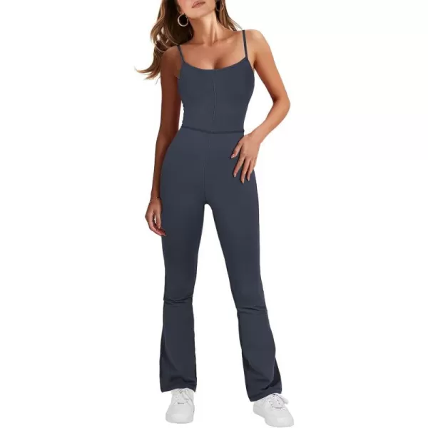 imageANRABESS Flare Jumpsuits for Women One Piece Sleeveless Square Neck Full Body Bodycon Yoga Workout Casual Unitard RompersNavy Blue