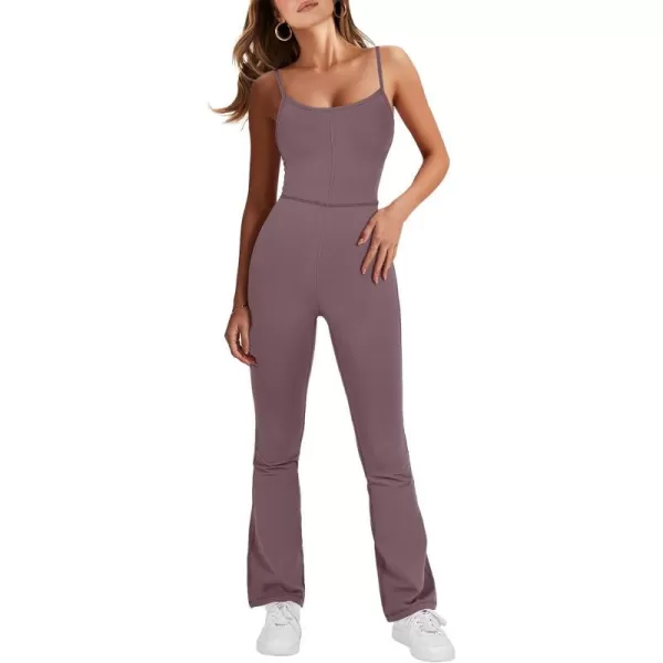 imageANRABESS Flare Jumpsuits for Women One Piece Sleeveless Square Neck Full Body Bodycon Yoga Workout Casual Unitard RompersNutmeg