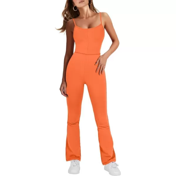 imageANRABESS Flare Jumpsuits for Women One Piece Sleeveless Square Neck Full Body Bodycon Yoga Workout Casual Unitard RompersOrange