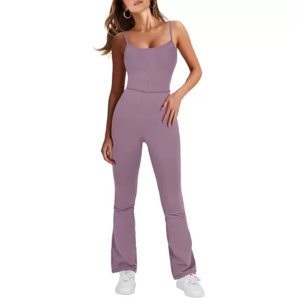 imageANRABESS Flare Jumpsuits for Women One Piece Sleeveless Square Neck Full Body Bodycon Yoga Workout Casual Unitard RompersPurple