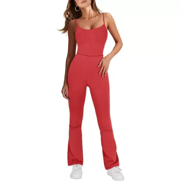 imageANRABESS Flare Jumpsuits for Women One Piece Sleeveless Square Neck Full Body Bodycon Yoga Workout Casual Unitard RompersRed