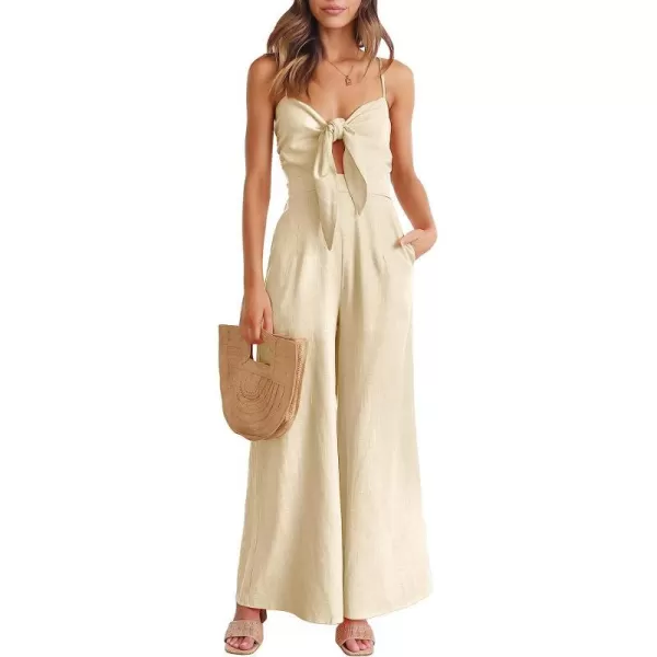 imageANRABESS Jumpsuit for Women Casual Summer Beach Vacation Outfits Sleeveless Tie Knot Cutout Linen Romper Jumper 2023Apricot