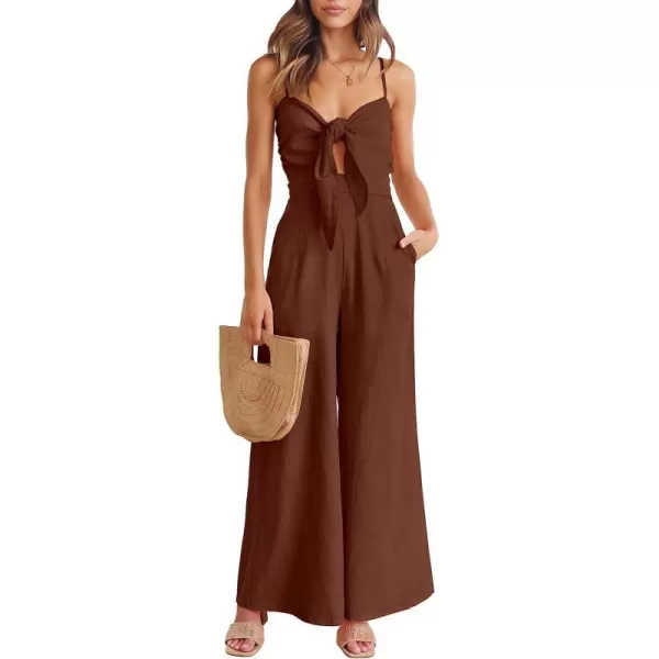 imageANRABESS Jumpsuit for Women Casual Summer Beach Vacation Outfits Sleeveless Tie Knot Cutout Linen Romper Jumper 2023Brown