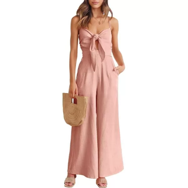 imageANRABESS Jumpsuit for Women Casual Summer Beach Vacation Outfits Sleeveless Tie Knot Cutout Linen Romper Jumper 2023Pink