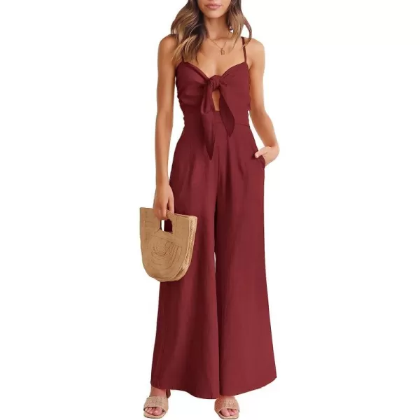 imageANRABESS Jumpsuit for Women Casual Summer Beach Vacation Outfits Sleeveless Tie Knot Cutout Linen Romper Jumper 2023Red