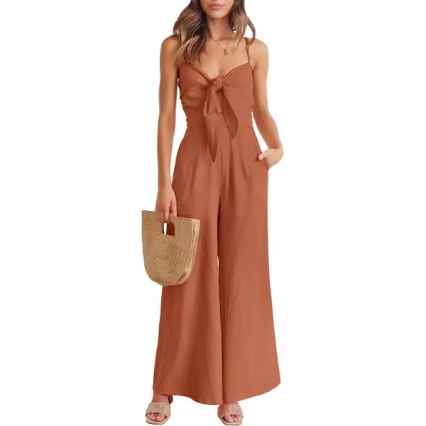 imageANRABESS Jumpsuit for Women Casual Summer Beach Vacation Outfits Sleeveless Tie Knot Cutout Linen Romper Jumper 2023Rust