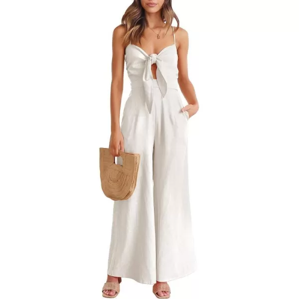 imageANRABESS Jumpsuit for Women Casual Summer Beach Vacation Outfits Sleeveless Tie Knot Cutout Linen Romper Jumper 2023White