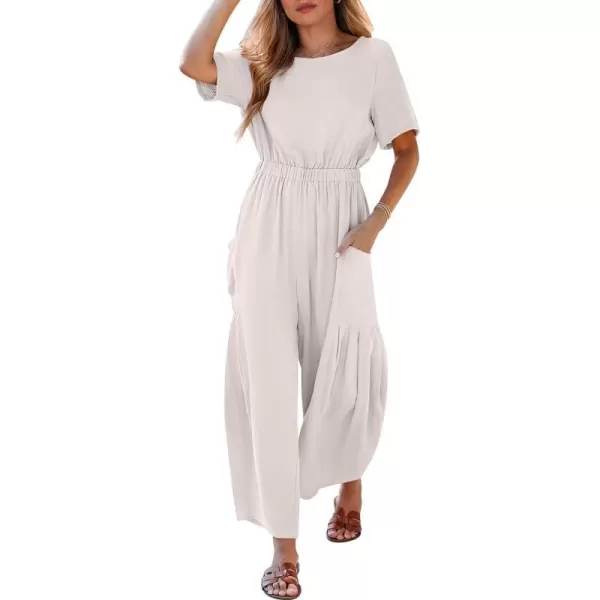 imageANRABESS Jumpsuits for Women 2024 Casual Summer Linen Romper Short Sleeve Wide Leg Long Pants Jumper With PocketsBeige