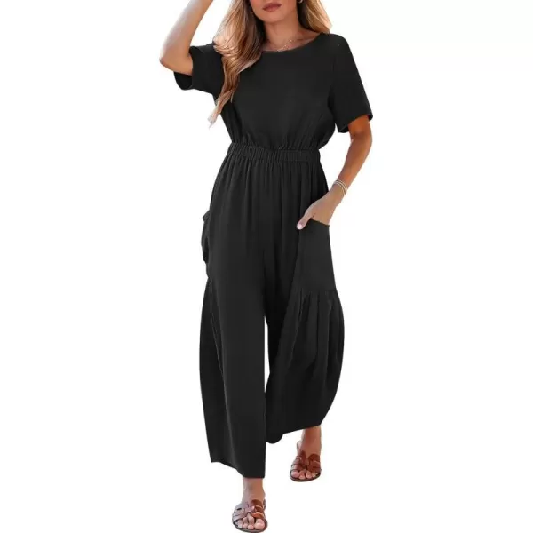 imageANRABESS Jumpsuits for Women 2024 Casual Summer Linen Romper Short Sleeve Wide Leg Long Pants Jumper With PocketsBlack