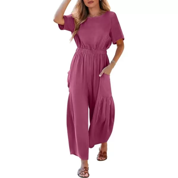imageANRABESS Jumpsuits for Women 2024 Casual Summer Linen Romper Short Sleeve Wide Leg Long Pants Jumper With PocketsHot Pink