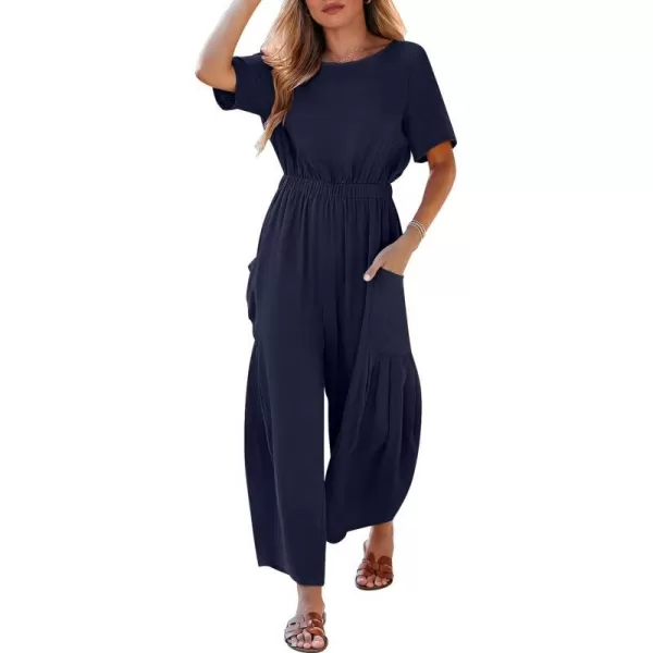 imageANRABESS Jumpsuits for Women 2024 Casual Summer Linen Romper Short Sleeve Wide Leg Long Pants Jumper With PocketsNavy Blue