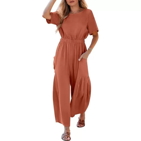 imageANRABESS Jumpsuits for Women 2024 Casual Summer Linen Romper Short Sleeve Wide Leg Long Pants Jumper With PocketsRust Red
