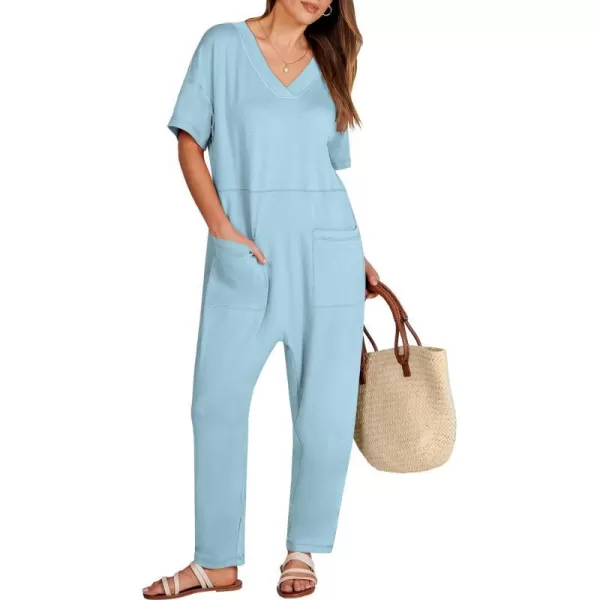 imageANRABESS Jumpsuits for Women 2024 Summer Casual Pajamas Short Sleeve V Neck Harem Pants Onesie Rompers with PocketsBlue
