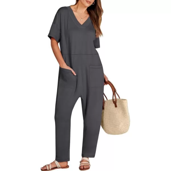 imageANRABESS Jumpsuits for Women 2024 Summer Casual Pajamas Short Sleeve V Neck Harem Pants Onesie Rompers with PocketsDark Gray