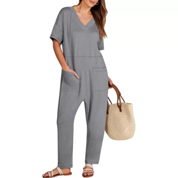 imageANRABESS Jumpsuits for Women 2024 Summer Casual Pajamas Short Sleeve V Neck Harem Pants Onesie Rompers with PocketsGray